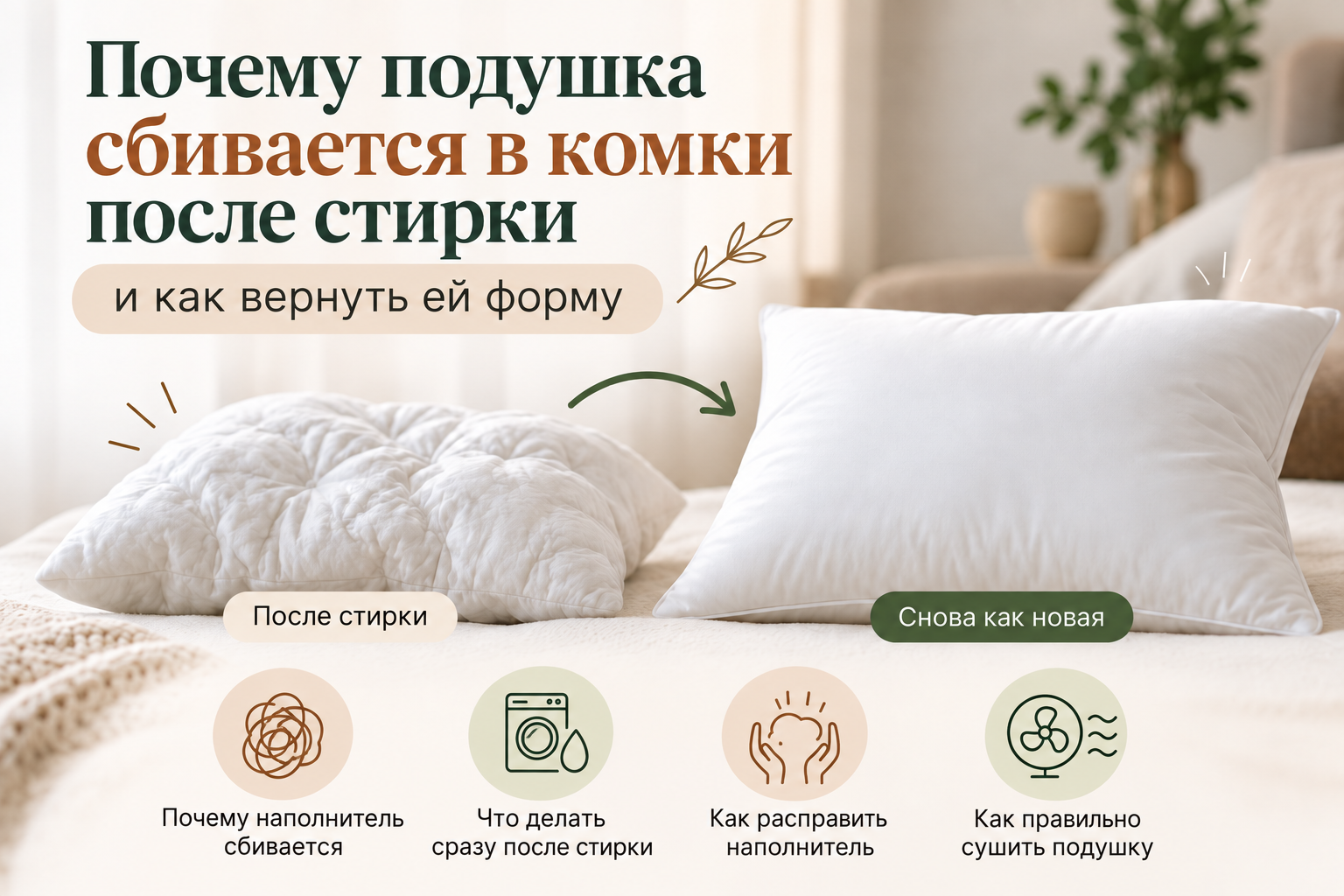Почему подушка сбивается в комки после стирки и как вернуть ей форму Почему подушка сбивается в комки после стирки и как вернуть ей форму